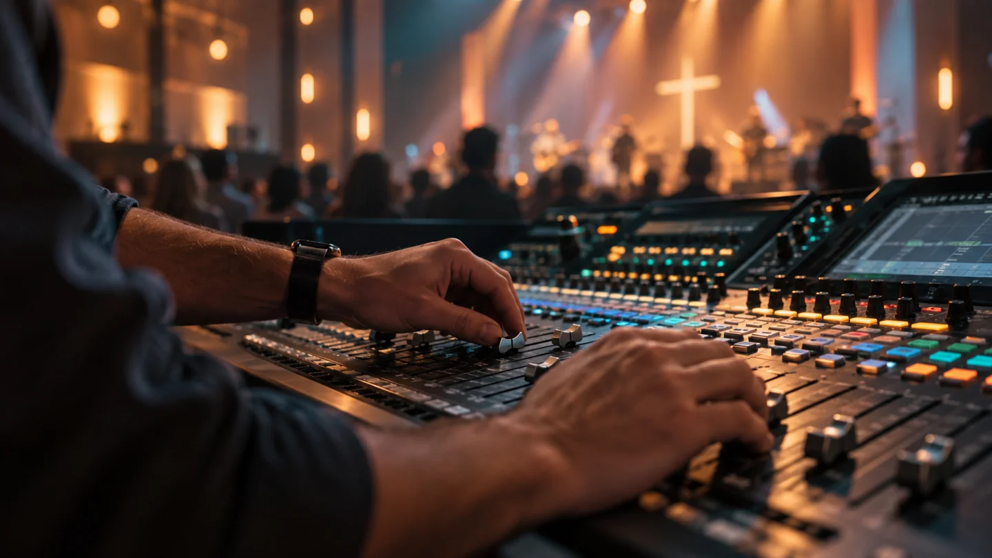 Audio console used for church media production